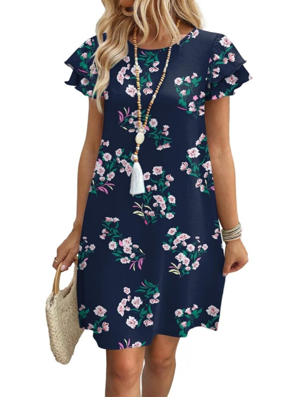 Women's Navy Blue Green Polyester Blend Cap Sleeve Crew Neck Pull On Mini Dress